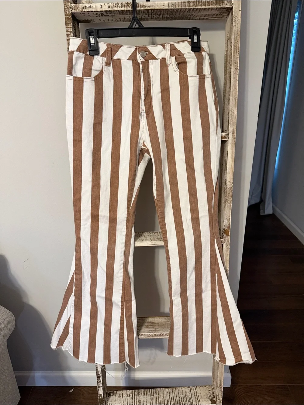 Striped Brown & White Bootcut Pants - Women's Flare - Picture 1 of 4